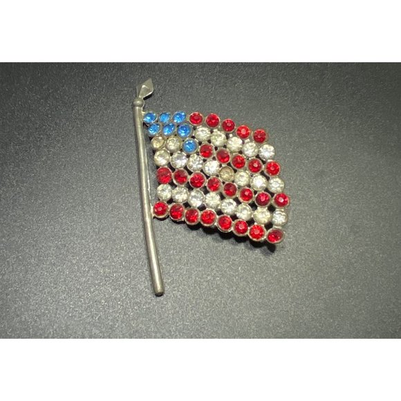 1940's Pot Metal USA American Flag Brooch Pin Multicolor Rhinestone Patriotic - Picture 3 of 7
